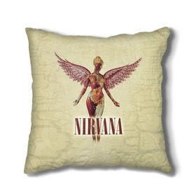 Подушка 3D с принтом Nirvana в Белгороде, наволочка – 100% полиэстер, наполнитель – холлофайбер (легкий наполнитель, не вызывает аллергию). | состоит из подушки и наволочки. Наволочка на молнии, легко снимается для стирки | cobain | curt | nirvana | rock | группа | кобейн | курт | нирвана | рок