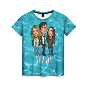 Женская футболка 3D с принтом Шаржи группа Nirvana в Белгороде, 100% полиэфир ( синтетическое хлопкоподобное полотно) | прямой крой, круглый вырез горловины, длина до линии бедер | cobain | curt | nirvana | rock | группа | кобейн | курт | нирвана | рок