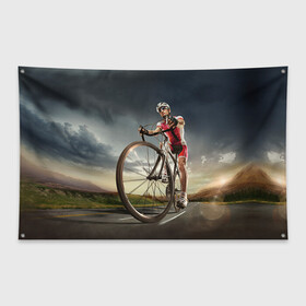 Флаг-баннер с принтом Велогонщик в Белгороде, 100% полиэстер | размер 67 х 109 см, плотность ткани — 95 г/м2; по краям флага есть четыре люверса для крепления | extreme | вело | велосипед | шоссейный велосипед | экстрим