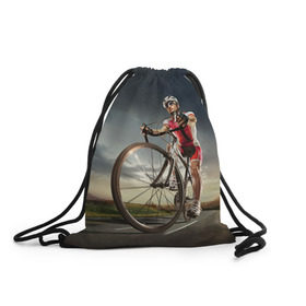 Рюкзак-мешок 3D с принтом Велогонщик в Белгороде, 100% полиэстер | плотность ткани — 200 г/м2, размер — 35 х 45 см; лямки — толстые шнурки, застежка на шнуровке, без карманов и подкладки | extreme | вело | велосипед | шоссейный велосипед | экстрим