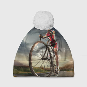 Шапка 3D c помпоном с принтом Велогонщик в Белгороде, 100% полиэстер | универсальный размер, печать по всей поверхности изделия | extreme | вело | велосипед | шоссейный велосипед | экстрим