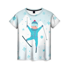 Женская футболка 3D с принтом Лыжник в Белгороде, 100% полиэфир ( синтетическое хлопкоподобное полотно) | прямой крой, круглый вырез горловины, длина до линии бедер | extreme | ski | skiing | горнолыжное | горные лыжи | лыжник | фристайл | экстрим