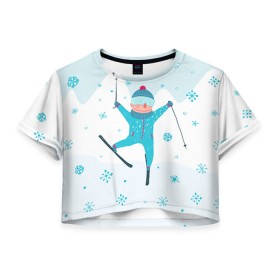 Женская футболка 3D укороченная с принтом Лыжник в Белгороде, 100% полиэстер | круглая горловина, длина футболки до линии талии, рукава с отворотами | extreme | ski | skiing | горнолыжное | горные лыжи | лыжник | фристайл | экстрим