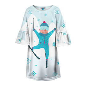 Детское платье 3D с принтом Лыжник в Белгороде, 100% полиэстер | прямой силуэт, чуть расширенный к низу. Круглая горловина, на рукавах — воланы | extreme | ski | skiing | горнолыжное | горные лыжи | лыжник | фристайл | экстрим