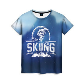 Женская футболка 3D с принтом Лыжный спорт в Белгороде, 100% полиэфир ( синтетическое хлопкоподобное полотно) | прямой крой, круглый вырез горловины, длина до линии бедер | extreme | ski | skiing | горнолыжное | горные лыжи | лыжник | фристайл | экстрим