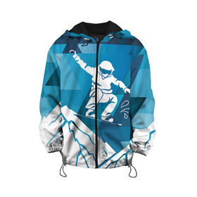 Детская куртка 3D с принтом Горы и сноубордист в Белгороде, 100% полиэстер | застежка — молния, подол и капюшон оформлены резинкой с фиксаторами, по бокам — два кармана без застежек, один потайной карман на груди, плотность верхнего слоя — 90 г/м2; плотность флисового подклада — 260 г/м2 | extreme | snowboard | сноуборд | сноубордист | экстрим