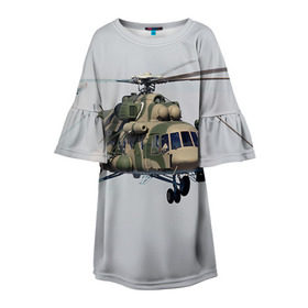 Детское платье 3D с принтом МИ 8 в Белгороде, 100% полиэстер | прямой силуэт, чуть расширенный к низу. Круглая горловина, на рукавах — воланы | Тематика изображения на принте: авиация | армия | ввс | вертолет | военная техника | ми 8 | ударный