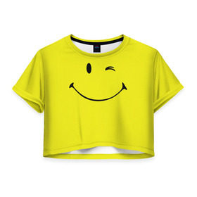 Женская футболка 3D укороченная с принтом Смайл в Белгороде, 100% полиэстер | круглая горловина, длина футболки до линии талии, рукава с отворотами | emoji | smile | жёлтый | смайл | смайлик | улыбка | эмодзи | эмоции
