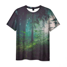 Мужская футболка 3D с принтом Таинственный лес в Белгороде, 100% полиэфир | прямой крой, круглый вырез горловины, длина до линии бедер | деревья | зелень | на макете изображен таинственный зеленый леслес