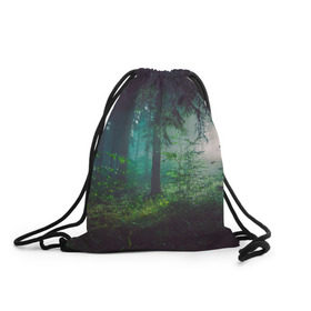 Рюкзак-мешок 3D с принтом Таинственный лес в Белгороде, 100% полиэстер | плотность ткани — 200 г/м2, размер — 35 х 45 см; лямки — толстые шнурки, застежка на шнуровке, без карманов и подкладки | деревья | зелень | на макете изображен таинственный зеленый леслес