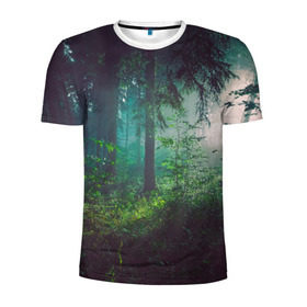Мужская футболка 3D спортивная с принтом Таинственный лес в Белгороде, 100% полиэстер с улучшенными характеристиками | приталенный силуэт, круглая горловина, широкие плечи, сужается к линии бедра | деревья | зелень | на макете изображен таинственный зеленый леслес