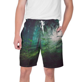 Мужские шорты 3D с принтом Таинственный лес в Белгороде,  полиэстер 100% | прямой крой, два кармана без застежек по бокам. Мягкая трикотажная резинка на поясе, внутри которой широкие завязки. Длина чуть выше колен | деревья | зелень | на макете изображен таинственный зеленый леслес
