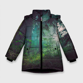 Зимняя куртка для девочек 3D с принтом Таинственный лес в Белгороде, ткань верха — 100% полиэстер; подклад — 100% полиэстер, утеплитель — 100% полиэстер. | длина ниже бедра, удлиненная спинка, воротник стойка и отстегивающийся капюшон. Есть боковые карманы с листочкой на кнопках, утяжки по низу изделия и внутренний карман на молнии. 

Предусмотрены светоотражающий принт на спинке, радужный светоотражающий элемент на пуллере молнии и на резинке для утяжки. | деревья | зелень | на макете изображен таинственный зеленый леслес