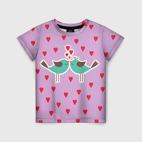Детская футболка 3D с принтом Птички в Белгороде, 100% гипоаллергенный полиэфир | прямой крой, круглый вырез горловины, длина до линии бедер, чуть спущенное плечо, ткань немного тянется | Тематика изображения на принте: 14 февраля | love | валентин | влюбленные | любовь | птички | сердечко | сердце