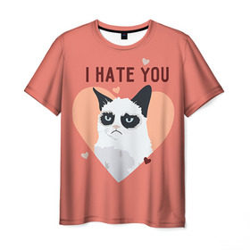 Мужская футболка 3D с принтом I hate you в Белгороде, 100% полиэфир | прямой крой, круглый вырез горловины, длина до линии бедер | 14 февраля | cat | i hate you | день святого валентина | кот | ненавижу 14 февраля | сердечки