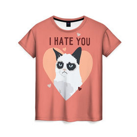 Женская футболка 3D с принтом I hate you в Белгороде, 100% полиэфир ( синтетическое хлопкоподобное полотно) | прямой крой, круглый вырез горловины, длина до линии бедер | 14 февраля | cat | i hate you | день святого валентина | кот | ненавижу 14 февраля | сердечки