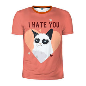 Мужская футболка 3D спортивная с принтом I hate you в Белгороде, 100% полиэстер с улучшенными характеристиками | приталенный силуэт, круглая горловина, широкие плечи, сужается к линии бедра | 14 февраля | cat | i hate you | день святого валентина | кот | ненавижу 14 февраля | сердечки