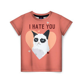 Детская футболка 3D с принтом I hate you в Белгороде, 100% гипоаллергенный полиэфир | прямой крой, круглый вырез горловины, длина до линии бедер, чуть спущенное плечо, ткань немного тянется | Тематика изображения на принте: 14 февраля | cat | i hate you | день святого валентина | кот | ненавижу 14 февраля | сердечки