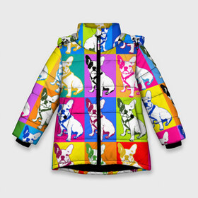 Зимняя куртка для девочек 3D с принтом Французский бульдог в Белгороде, ткань верха — 100% полиэстер; подклад — 100% полиэстер, утеплитель — 100% полиэстер. | длина ниже бедра, удлиненная спинка, воротник стойка и отстегивающийся капюшон. Есть боковые карманы с листочкой на кнопках, утяжки по низу изделия и внутренний карман на молнии. 

Предусмотрены светоотражающий принт на спинке, радужный светоотражающий элемент на пуллере молнии и на резинке для утяжки. | поп арт восстановлено | собака | французский бульдог