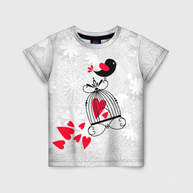 Детская футболка 3D с принтом Птица на клетке в Белгороде, 100% гипоаллергенный полиэфир | прямой крой, круглый вырез горловины, длина до линии бедер, чуть спущенное плечо, ткань немного тянется | любовь | птица на клетке | сердца