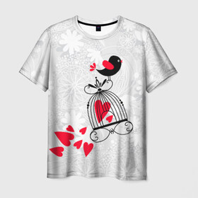 Мужская футболка 3D с принтом Птица на клетке в Белгороде, 100% полиэфир | прямой крой, круглый вырез горловины, длина до линии бедер | любовь | птица на клетке | сердца