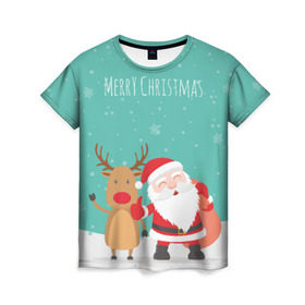 Женская футболка 3D с принтом Merry Christmas в Белгороде, 100% полиэфир ( синтетическое хлопкоподобное полотно) | прямой крой, круглый вырез горловины, длина до линии бедер | merry christmas | дед мороз | новый год | рождество