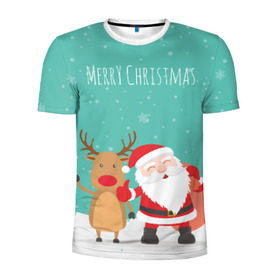 Мужская футболка 3D спортивная с принтом Merry Christmas в Белгороде, 100% полиэстер с улучшенными характеристиками | приталенный силуэт, круглая горловина, широкие плечи, сужается к линии бедра | merry christmas | дед мороз | новый год | рождество