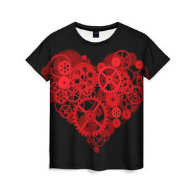 Женская футболка 3D с принтом Механическое сердце в Белгороде, 100% полиэфир ( синтетическое хлопкоподобное полотно) | прямой крой, круглый вырез горловины, длина до линии бедер | контраст | любовь | механическое | сердце | шестеренки