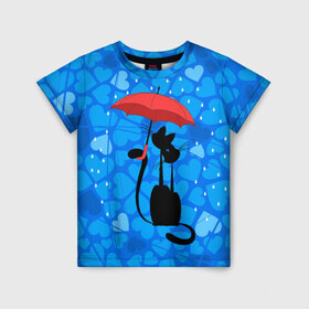 Детская футболка 3D с принтом Под зонтом в Белгороде, 100% гипоаллергенный полиэфир | прямой крой, круглый вырез горловины, длина до линии бедер, чуть спущенное плечо, ткань немного тянется | дождь | кот | кошка | любовь | под зонтом | сердца