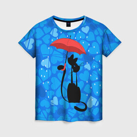 Женская футболка 3D с принтом Под зонтом в Белгороде, 100% полиэфир ( синтетическое хлопкоподобное полотно) | прямой крой, круглый вырез горловины, длина до линии бедер | дождь | кот | кошка | любовь | под зонтом | сердца