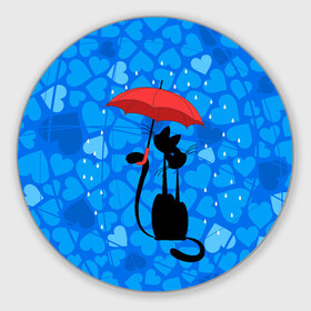 Коврик круглый с принтом Под зонтом в Белгороде, резина и полиэстер | круглая форма, изображение наносится на всю лицевую часть | Тематика изображения на принте: дождь | кот | кошка | любовь | под зонтом | сердца