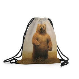 Рюкзак-мешок 3D с принтом Медведь в поле в Белгороде, 100% полиэстер | плотность ткани — 200 г/м2, размер — 35 х 45 см; лямки — толстые шнурки, застежка на шнуровке, без карманов и подкладки | Тематика изображения на принте: bear | медведь | одуванчики | русский медведь в чистом русском поле мечта патриотаполе | сено