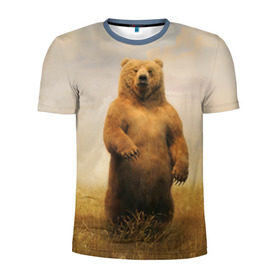 Мужская футболка 3D спортивная с принтом Медведь в поле в Белгороде, 100% полиэстер с улучшенными характеристиками | приталенный силуэт, круглая горловина, широкие плечи, сужается к линии бедра | Тематика изображения на принте: bear | медведь | одуванчики | русский медведь в чистом русском поле мечта патриотаполе | сено