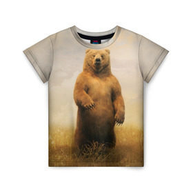 Детская футболка 3D с принтом Медведь в поле в Белгороде, 100% гипоаллергенный полиэфир | прямой крой, круглый вырез горловины, длина до линии бедер, чуть спущенное плечо, ткань немного тянется | bear | медведь | одуванчики | русский медведь в чистом русском поле мечта патриотаполе | сено