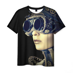 Мужская футболка 3D с принтом Девушка steampunk в Белгороде, 100% полиэфир | прямой крой, круглый вырез горловины, длина до линии бедер | Тематика изображения на принте: девушка steampunk | киберпанк | кожа | очки | шляпа