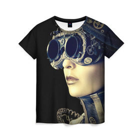 Женская футболка 3D с принтом Девушка steampunk в Белгороде, 100% полиэфир ( синтетическое хлопкоподобное полотно) | прямой крой, круглый вырез горловины, длина до линии бедер | Тематика изображения на принте: девушка steampunk | киберпанк | кожа | очки | шляпа