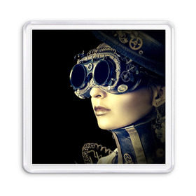 Магнит 55*55 с принтом Девушка steampunk в Белгороде, Пластик | Размер: 65*65 мм; Размер печати: 55*55 мм | девушка steampunk | киберпанк | кожа | очки | шляпа