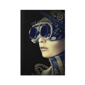 Обложка для паспорта матовая кожа с принтом Девушка steampunk в Белгороде, натуральная матовая кожа | размер 19,3 х 13,7 см; прозрачные пластиковые крепления | Тематика изображения на принте: девушка steampunk | киберпанк | кожа | очки | шляпа