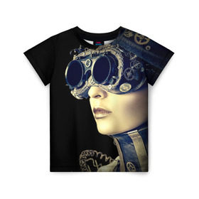 Детская футболка 3D с принтом Девушка steampunk в Белгороде, 100% гипоаллергенный полиэфир | прямой крой, круглый вырез горловины, длина до линии бедер, чуть спущенное плечо, ткань немного тянется | Тематика изображения на принте: девушка steampunk | киберпанк | кожа | очки | шляпа