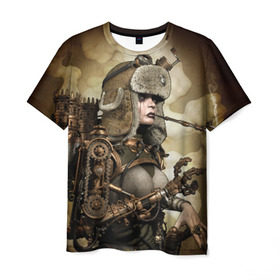 Мужская футболка 3D с принтом Девушка steampunk в Белгороде, 100% полиэфир | прямой крой, круглый вырез горловины, длина до линии бедер | Тематика изображения на принте: девушка steampunk | киберпанк | очки | шапка