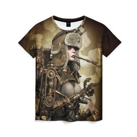 Женская футболка 3D с принтом Девушка steampunk в Белгороде, 100% полиэфир ( синтетическое хлопкоподобное полотно) | прямой крой, круглый вырез горловины, длина до линии бедер | Тематика изображения на принте: девушка steampunk | киберпанк | очки | шапка