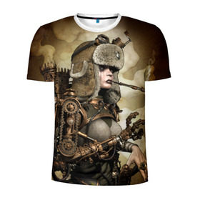 Мужская футболка 3D спортивная с принтом Девушка steampunk в Белгороде, 100% полиэстер с улучшенными характеристиками | приталенный силуэт, круглая горловина, широкие плечи, сужается к линии бедра | Тематика изображения на принте: девушка steampunk | киберпанк | очки | шапка