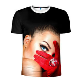 Мужская футболка 3D спортивная с принтом Девушка с бриллиантом в Белгороде, 100% полиэстер с улучшенными характеристиками | приталенный силуэт, круглая горловина, широкие плечи, сужается к линии бедра | взгляд | девушка с бриллиантом | красная | перчатка