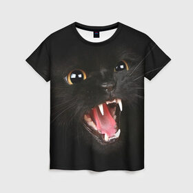 Женская футболка 3D с принтом Черный кот в Белгороде, 100% полиэфир ( синтетическое хлопкоподобное полотно) | прямой крой, круглый вырез горловины, длина до линии бедер | глаза | клыки | хищник | черный кон