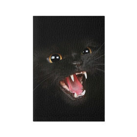 Обложка для паспорта матовая кожа с принтом Черный кот в Белгороде, натуральная матовая кожа | размер 19,3 х 13,7 см; прозрачные пластиковые крепления | Тематика изображения на принте: глаза | клыки | хищник | черный кон