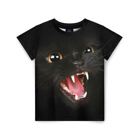 Детская футболка 3D с принтом Черный кот в Белгороде, 100% гипоаллергенный полиэфир | прямой крой, круглый вырез горловины, длина до линии бедер, чуть спущенное плечо, ткань немного тянется | глаза | клыки | хищник | черный кон