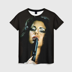 Женская футболка 3D с принтом Девушка с пистолетом в Белгороде, 100% полиэфир ( синтетическое хлопкоподобное полотно) | прямой крой, круглый вырез горловины, длина до линии бедер | брюнетка | девушка с пистолетом | красивая | модель