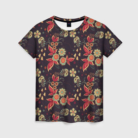 Женская футболка 3D с принтом Хохлома в Белгороде, 100% полиэфир ( синтетическое хлопкоподобное полотно) | прямой крой, круглый вырез горловины, длина до линии бедер | народные | прикольные | русские | украина | хохлома | цветы