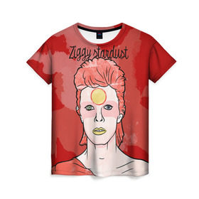 Женская футболка 3D с принтом Ziggy Stardust в Белгороде, 100% полиэфир ( синтетическое хлопкоподобное полотно) | прямой крой, круглый вырез горловины, длина до линии бедер | bowie | david | ziggy stardust | боуи | дэвид | музыкант | певец | рок