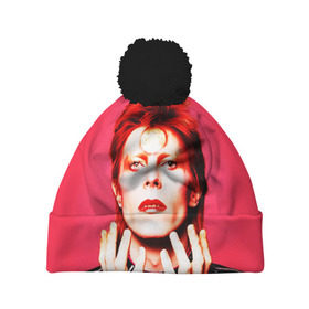 Шапка 3D c помпоном с принтом Ziggy Stardust в Белгороде, 100% полиэстер | универсальный размер, печать по всей поверхности изделия | Тематика изображения на принте: bowie | david | ziggy stardust | боуи | дэвид | музыкант | певец | рок